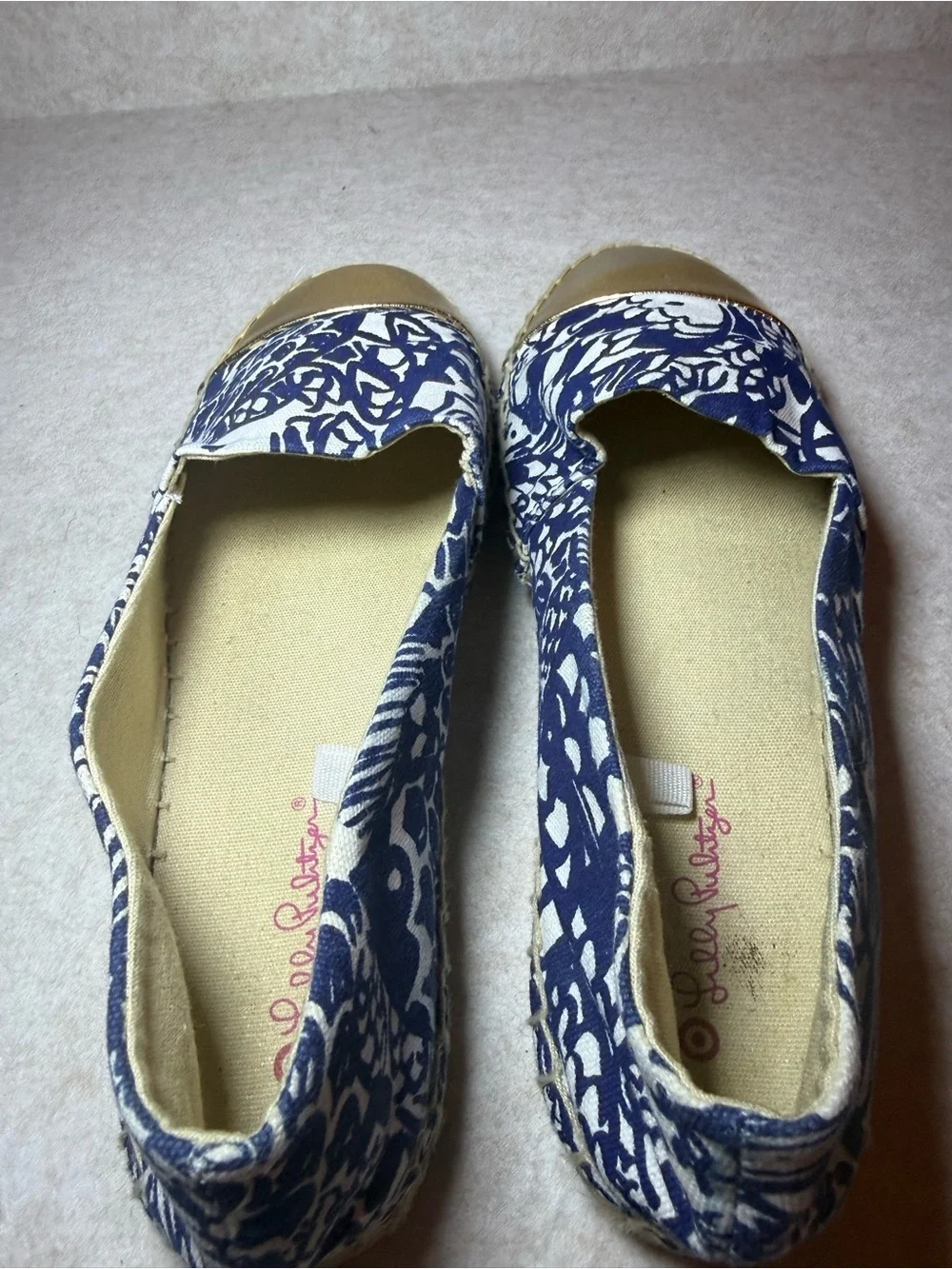 Lilly Pulitzer Upstream Blue Floral Canvas Espadrille Flats Gold Cap Toe SZ 7